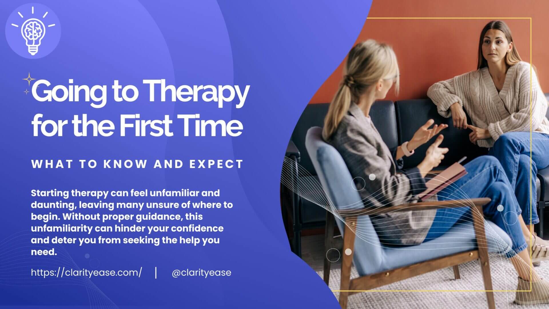 Blog banner for a blog about Going to Therapy for the First Time. Image of someone in their first therapy session.
